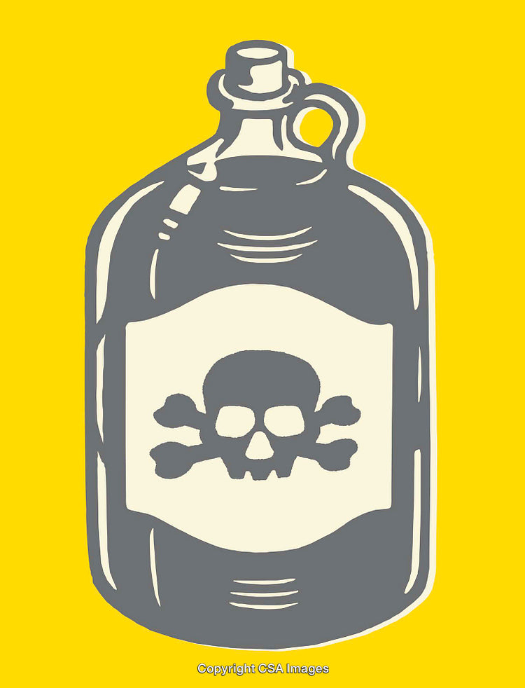 Poison Bottle Illustration with Skull and Crossbones on Yellow Background