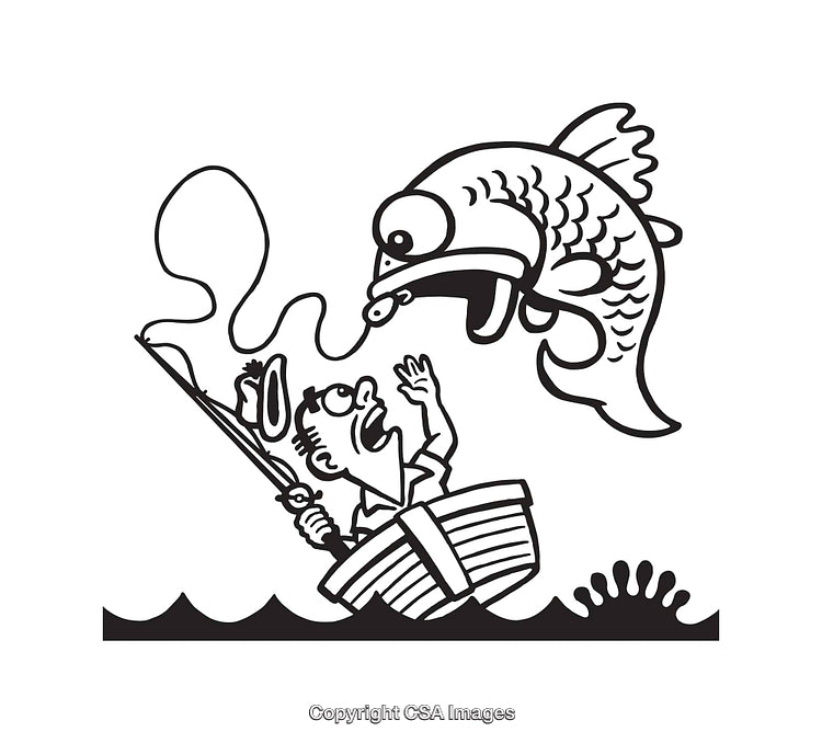 Black And White Cartoon of Cartoon Fisherman Surprised by Large Jumping Fish