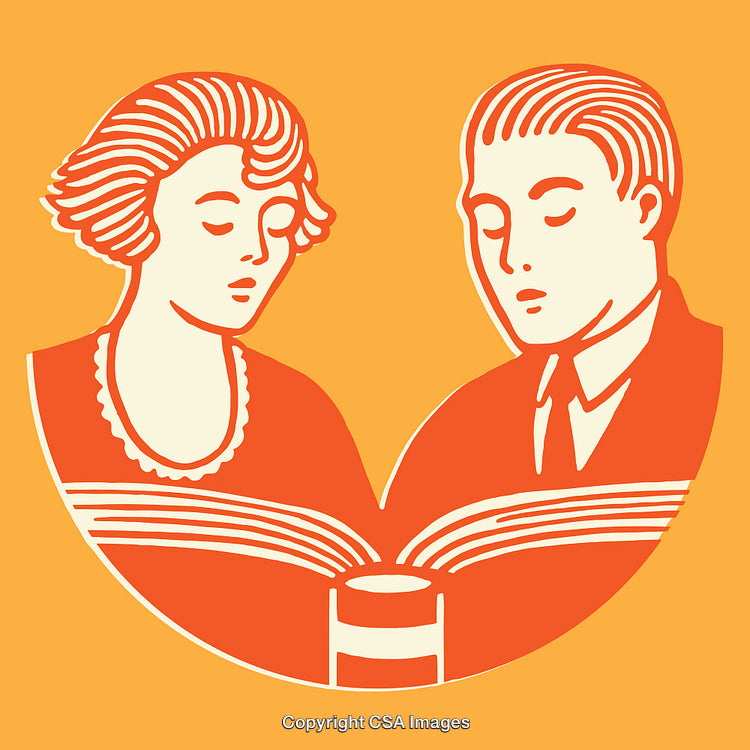 Vintage Line Art of a Couple Reading Together with an Open Book
