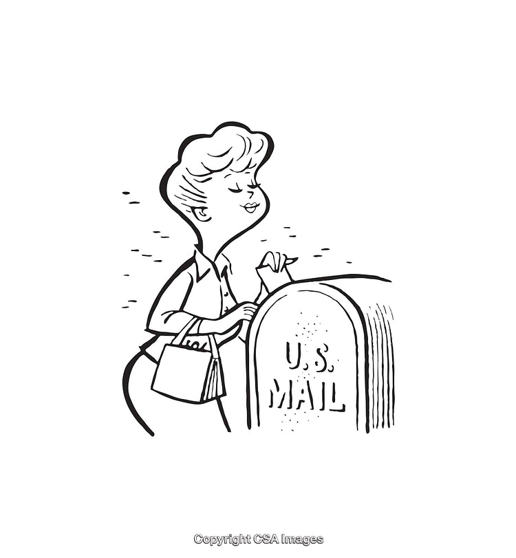 Woman Delivering Mail Illustration in Retro Black and White Line Art Style