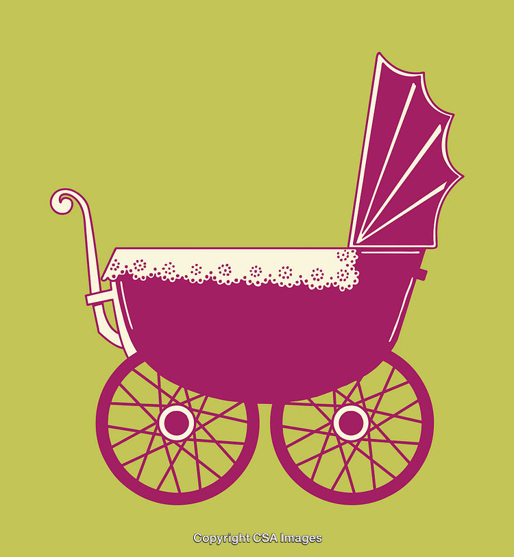 Vintage Pink Baby Carriage on Green Background Illustration in Line Art Style