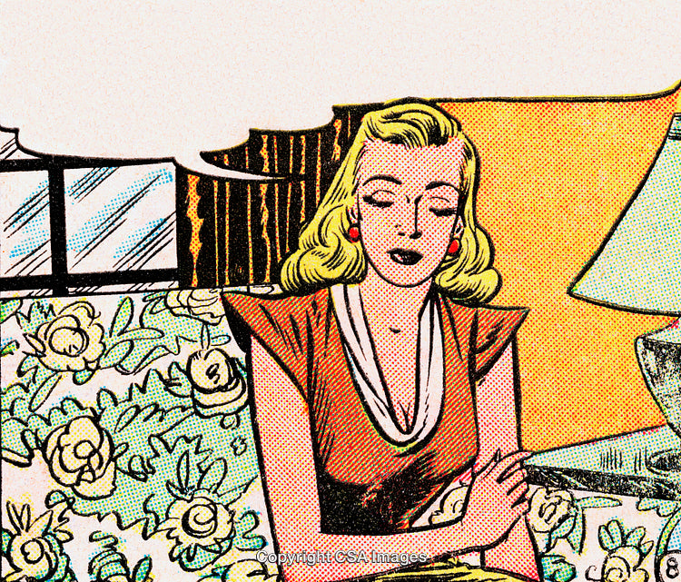 Colorful Vintage Comic Style Illustration of a Blonde Woman in a Cozy Room