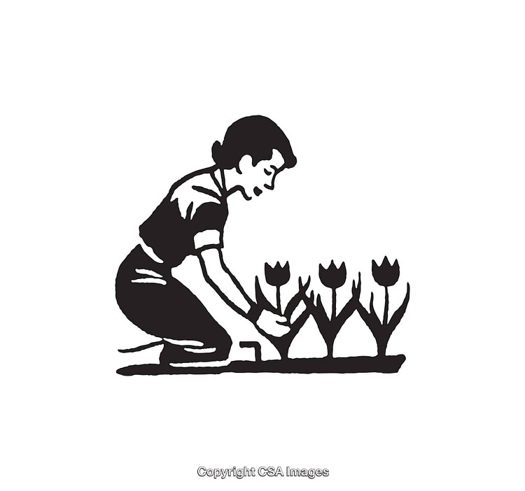 Vintage Line Art of Woman Gardening Tulips in Black and White