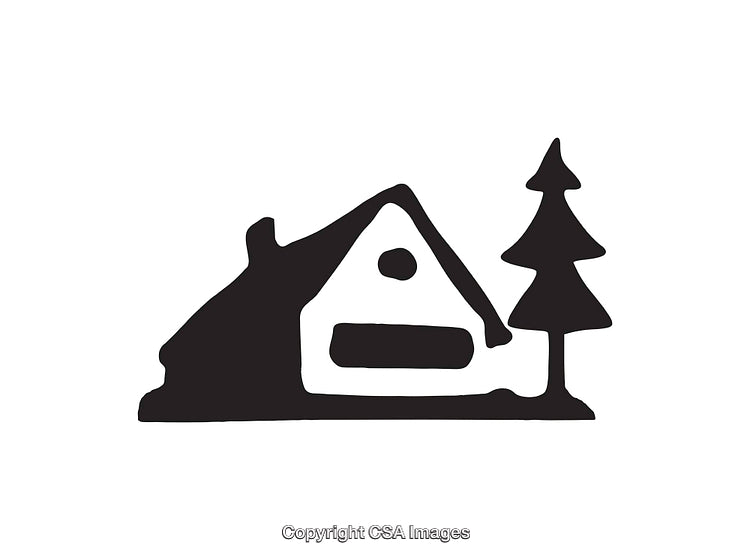 Rustic Cabin and Pine Tree Black and White Illustration Artwork