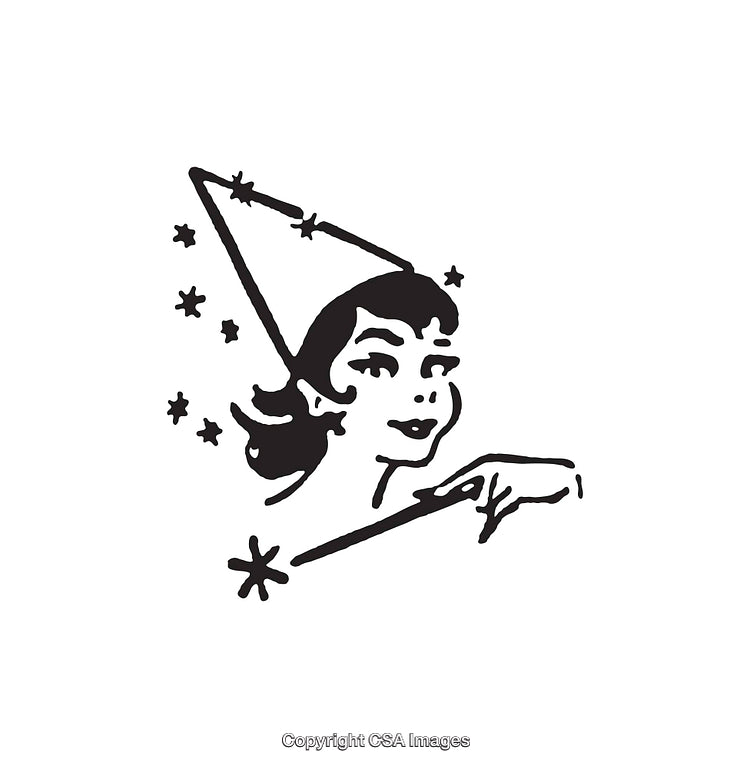 Vintage Black and White Illustration of a Woman in a Wizard Hat