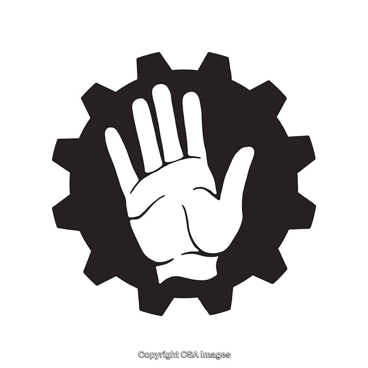 Black and White Gear and Hand Symbol Line Art Illustration