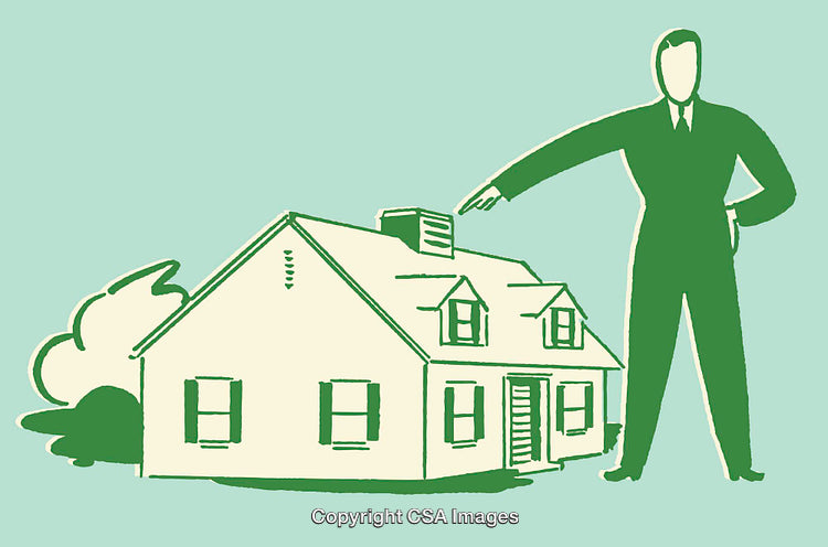 Illustration of a Man Presenting a Charming House with Green Accents