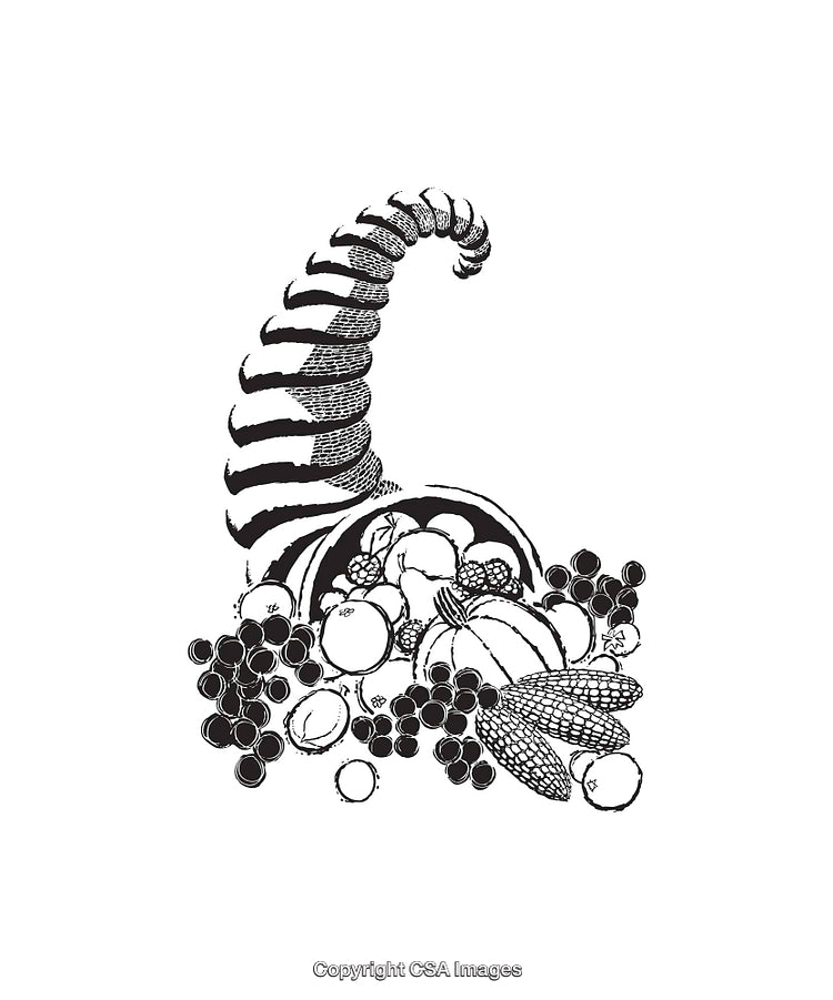Black and White Line Art Illustration of Harvest Produce in a Horn