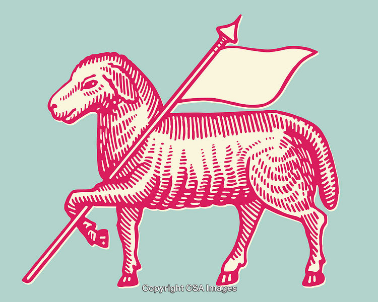 Stylized Lamb Holding Flag in Retro Line Art Style