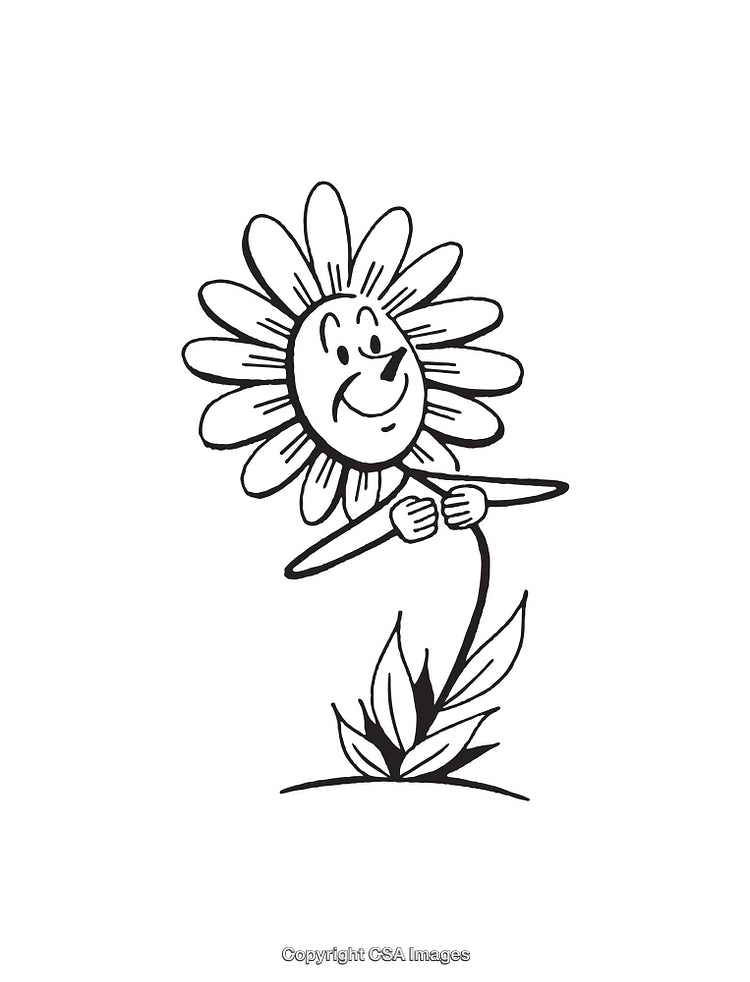 Cute Smiling Flower Character In Black and White Line Art Drawing