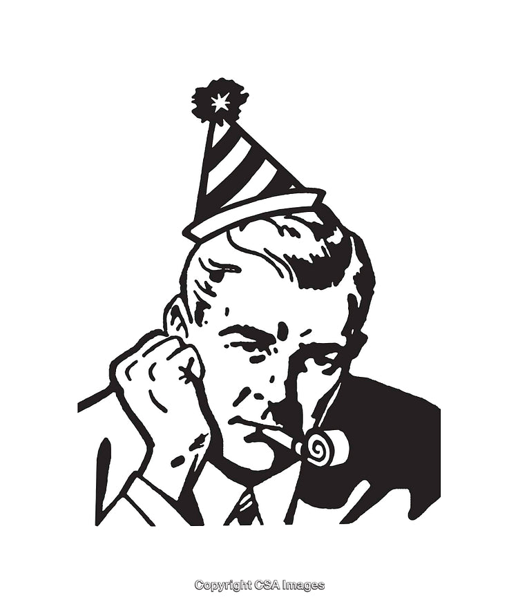 Black and White Line Art of Man with Party Hat and Party Whistle
