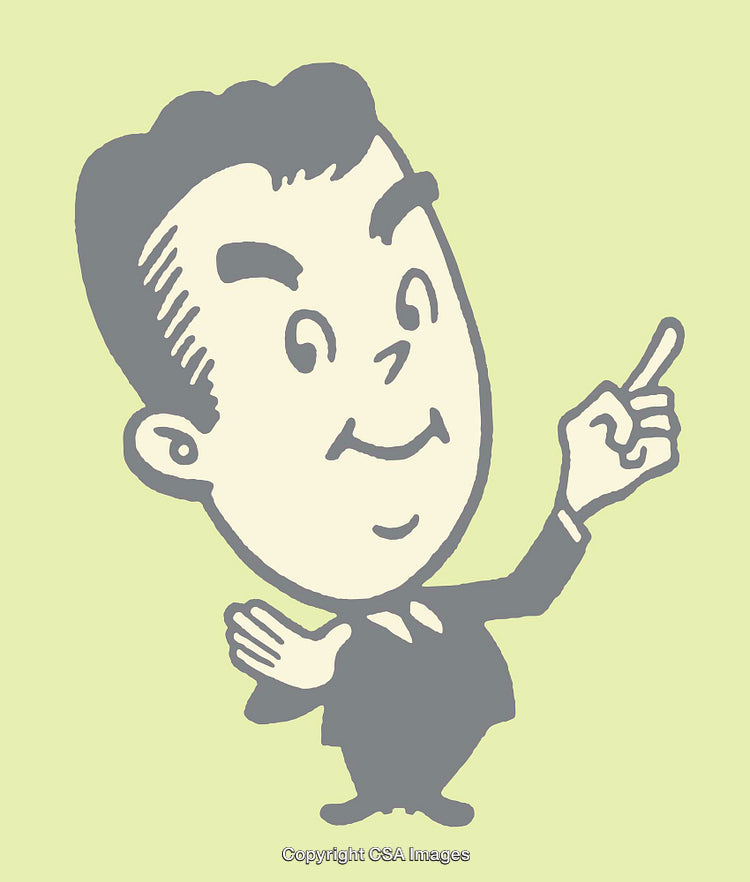 Retro Cartoon Illustration of Cheerful Man in Suit Pointing with Excitement
