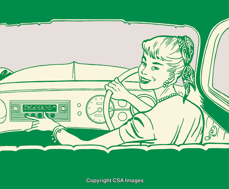 Retro Illustration of a Smiling Woman Driving a Classic Car