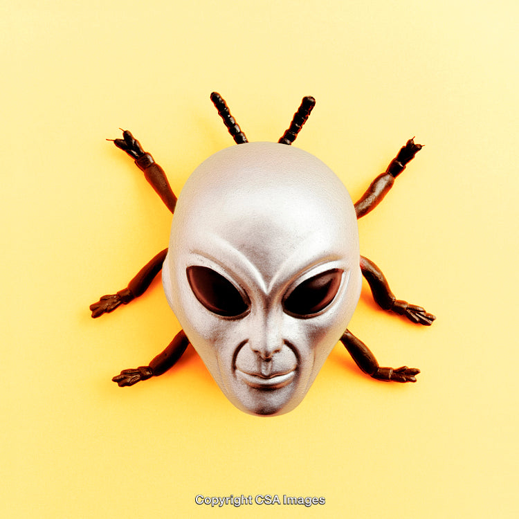 Alien Insect Hybrid Toy Figure with Metallic Finish on Yellow Background