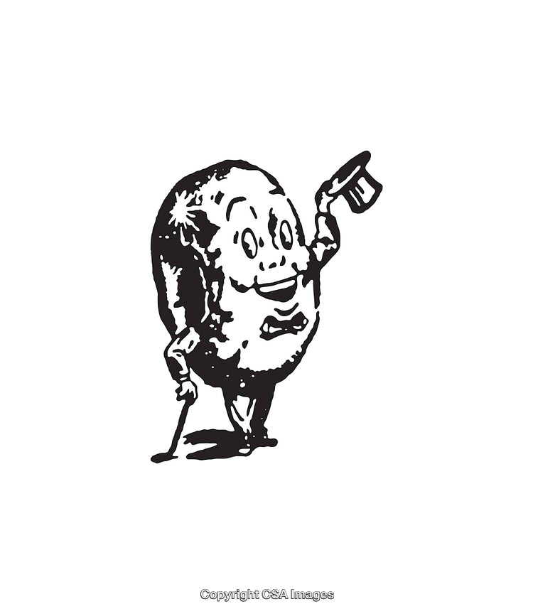 Vintage Black and White Cartoon Potato Character Holding a Hat