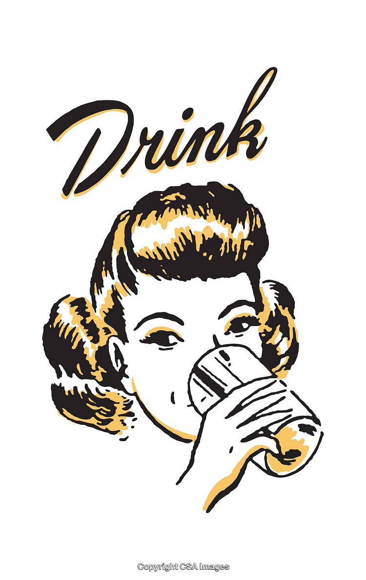 Retro Illustration of Woman Enjoying a Beverage with Bold Text