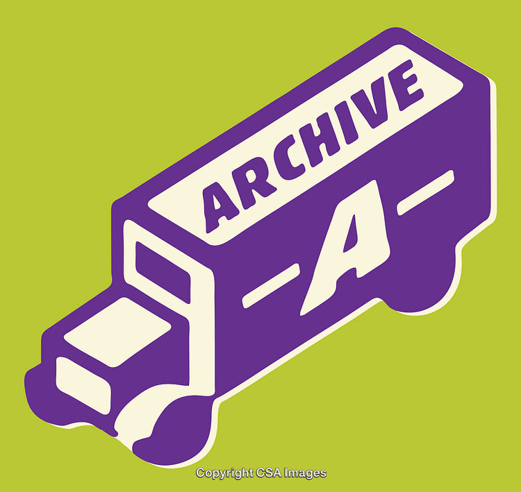 Colorful Illustration of Archive Truck with Bold Lettering on Green Background