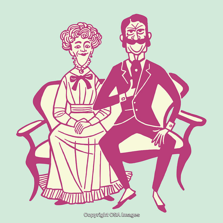 Elegant Vintage Couple Sitting on Antique Sofa - Stylish Line Art
