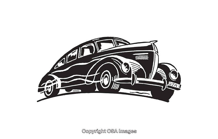 Classic Vintage Car in Black and White Line Art Illustration
