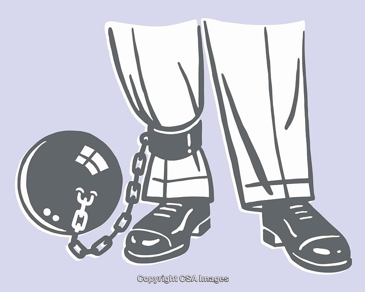 Monochrome Illustration of Feet Shackled to a Ball and Chain Symbol