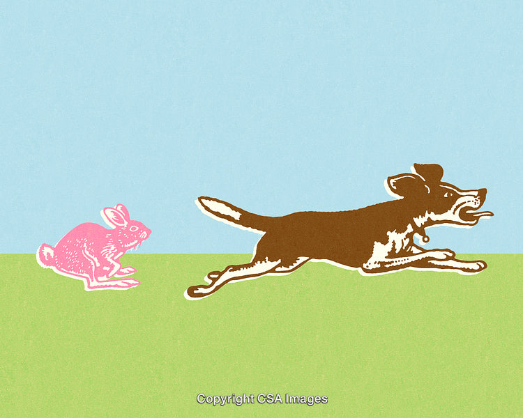 Vintage Illustration of a Playful Dog Chasing a Pink Rabbit in a Field