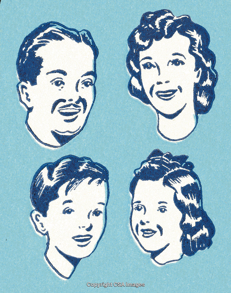 Vintage Illustration of a Happy Family in Retro Cartoon Style