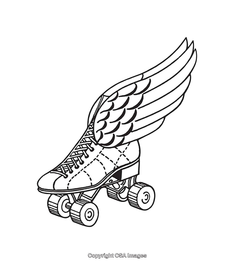 Vintage Roller Skate with Wings in Black and White Line Art Style