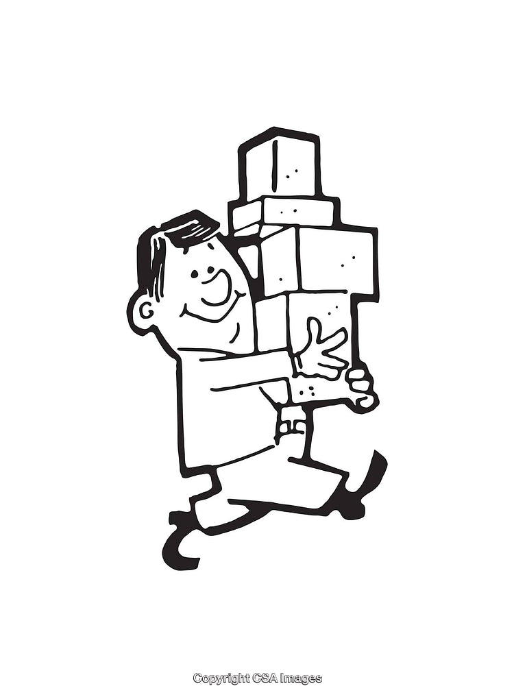 Black And White Cartoon of Person Holding Stacked Boxes While Walking