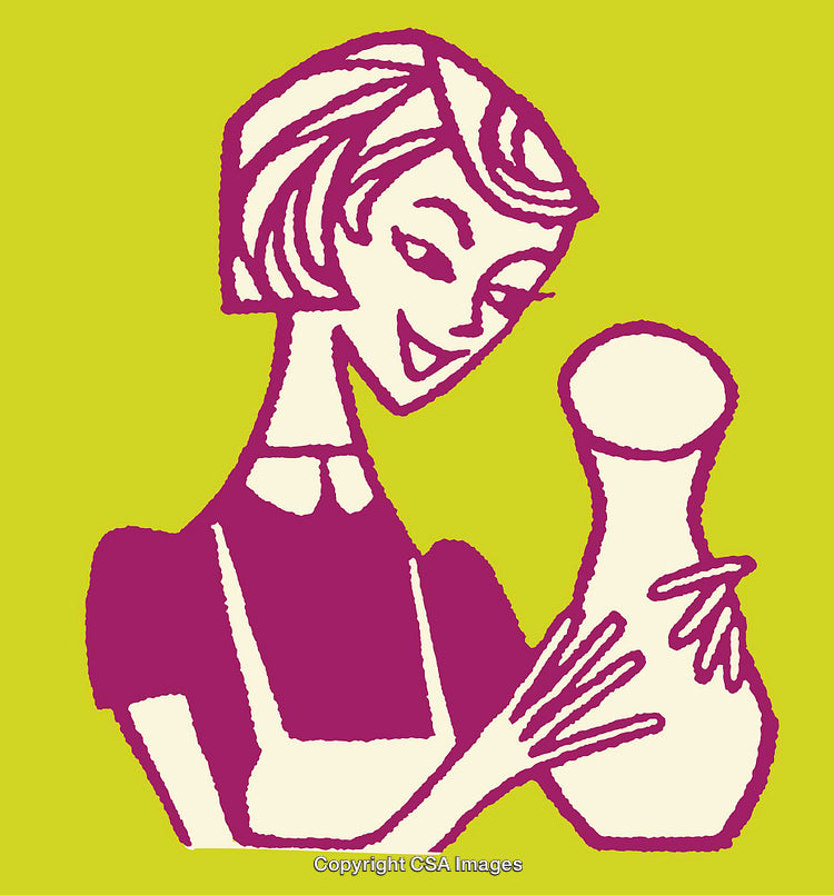 Retro Line Art Illustration of Woman Holding a Jug on Green Background