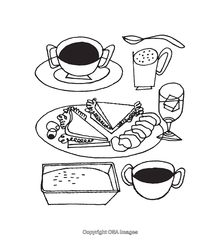 Black and White Line Art of Various Food and Drink Items