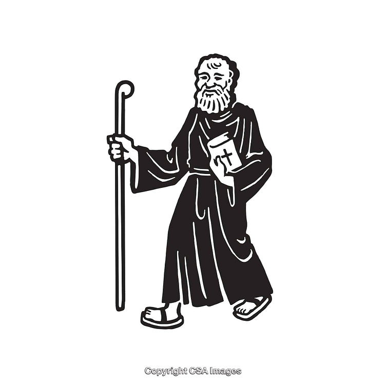 Black and White Line Art Illustration of a Shepherd with a Staff and Book