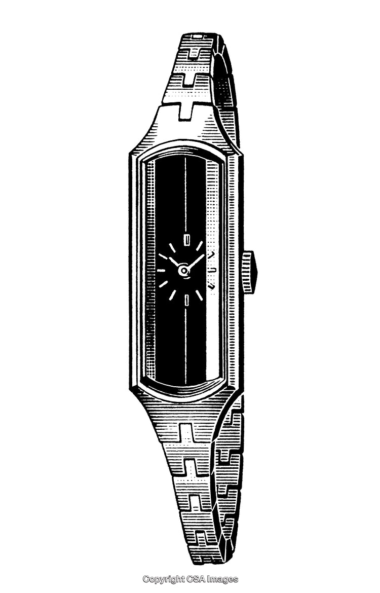 Detailed Black and White Engraving of a Stylish Designer Wristwatch