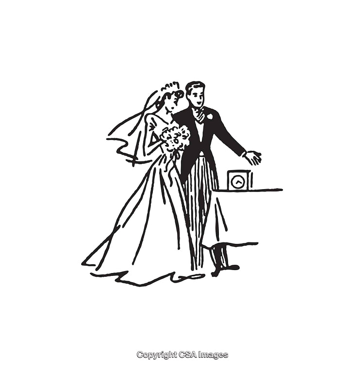 Elegant Black and White Line Art Depicting a Bride and Groom