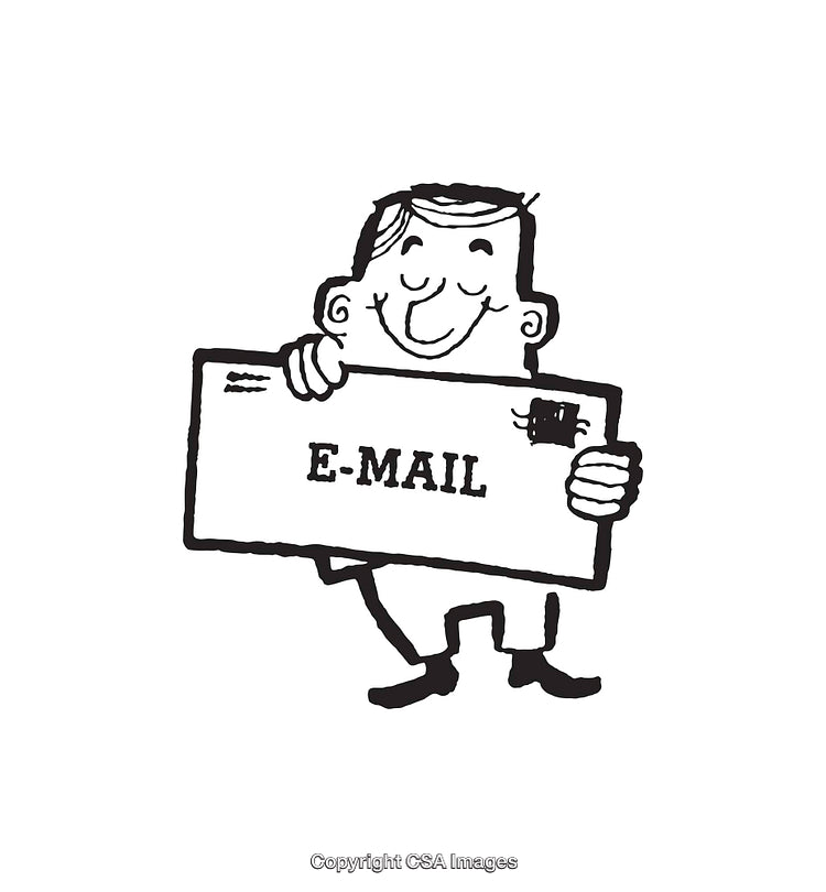 Retro Style Black and White Email Envelope Illustration with Character