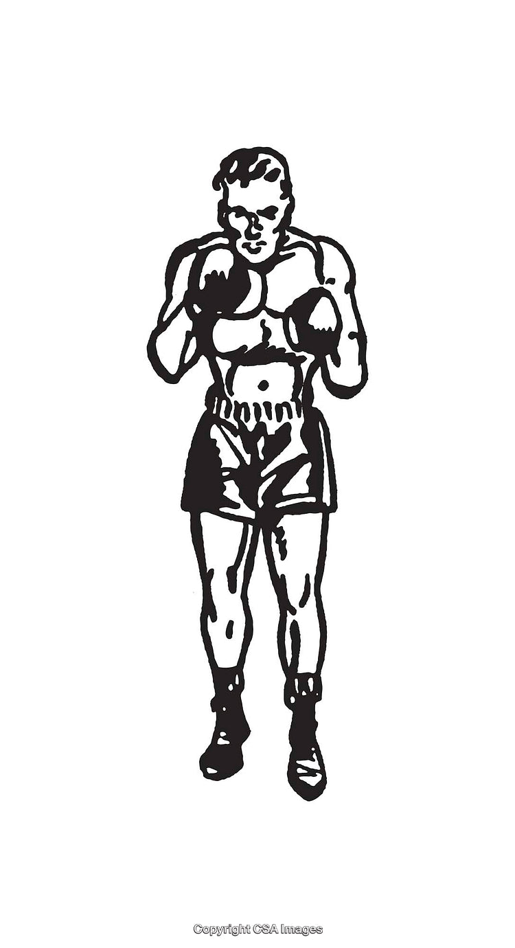 Vintage Black and White Boxer in Fighting Stance Line Art Illustration