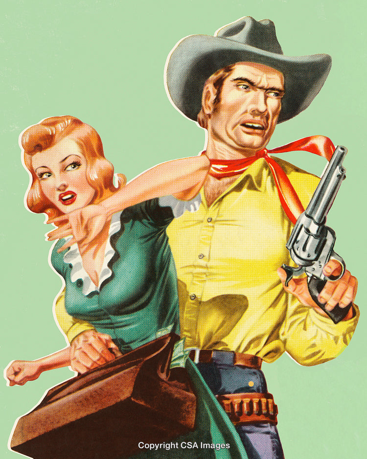 Retro Western Scene Depicting Cowboy and Woman in Vibrant Illustration Style