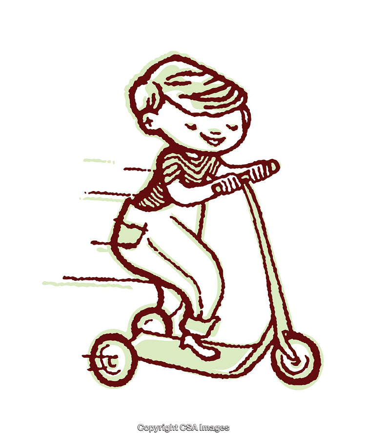 Vintage Style Illustration of Child Enjoying a Scooter Ride