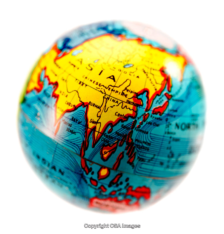 Close-Up of a Colorful World Globe Displaying the Asian Continent