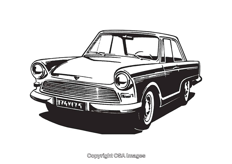 Black and White Illustration of a Classic Vintage Car