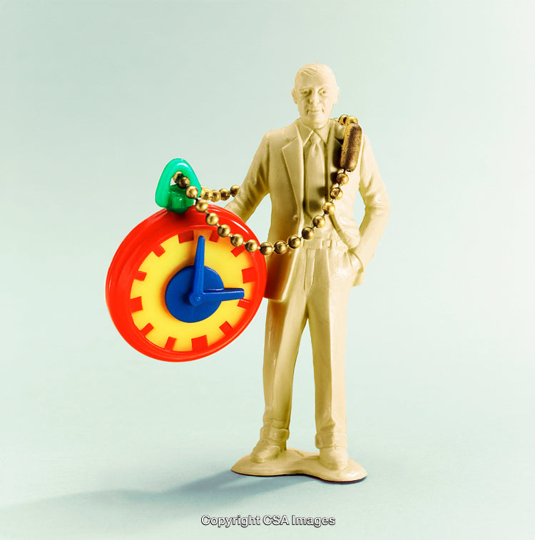 Plastic Figurine with Colorful Toy Clock on Chain on Pastel Background