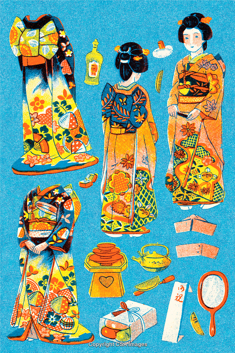 Traditional Japanese Kimono and Accessories Colorful Illustration