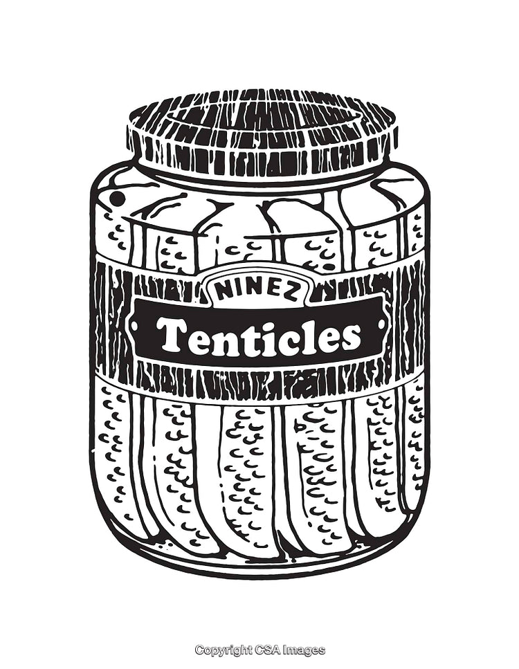 Vintage Illustration of a Jar of Tentacles with Label in Black and White