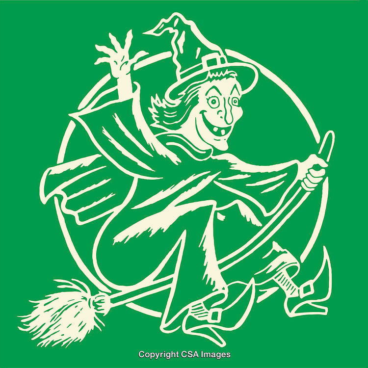Illustration of a Cartoon Witch Riding a Broomstick with a Green Background