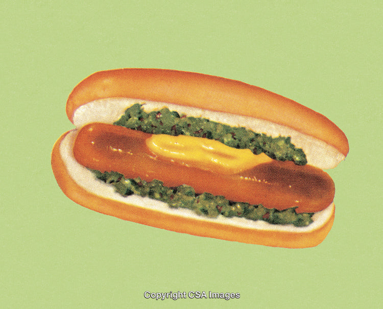 Hot Dog with Mustard and Relish Against a Solid Green Background