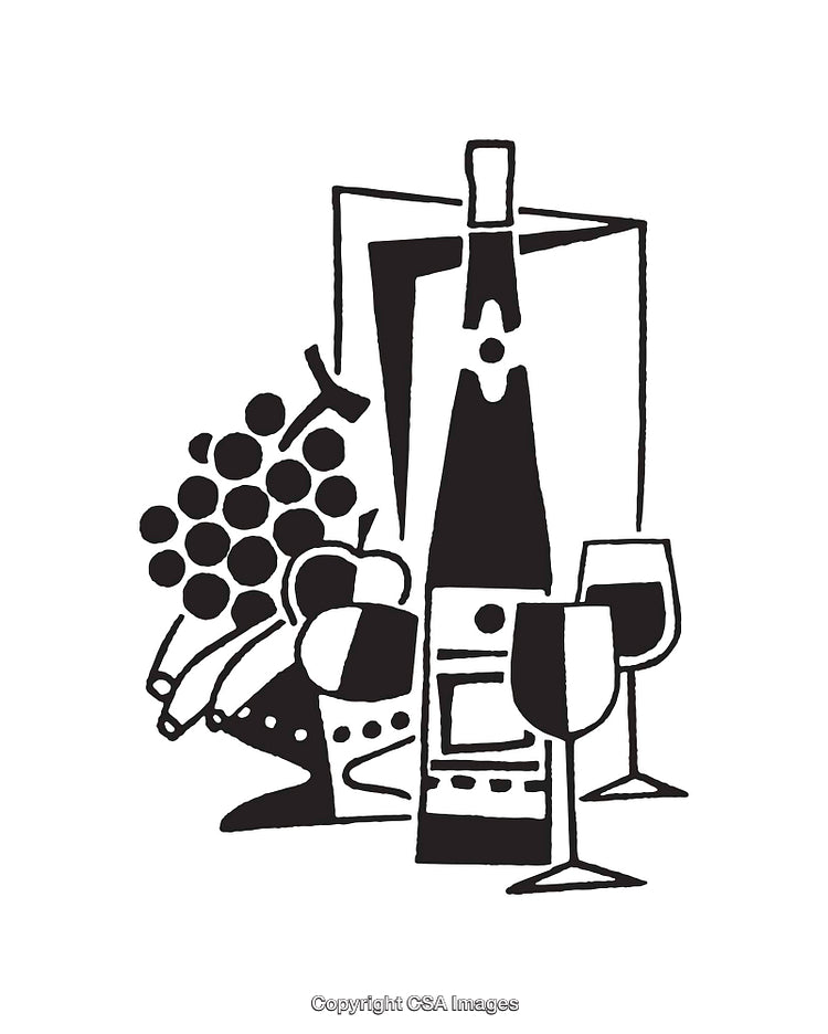 Black and White Line Art Featuring Wine Glasses, Bottle, and Grapes