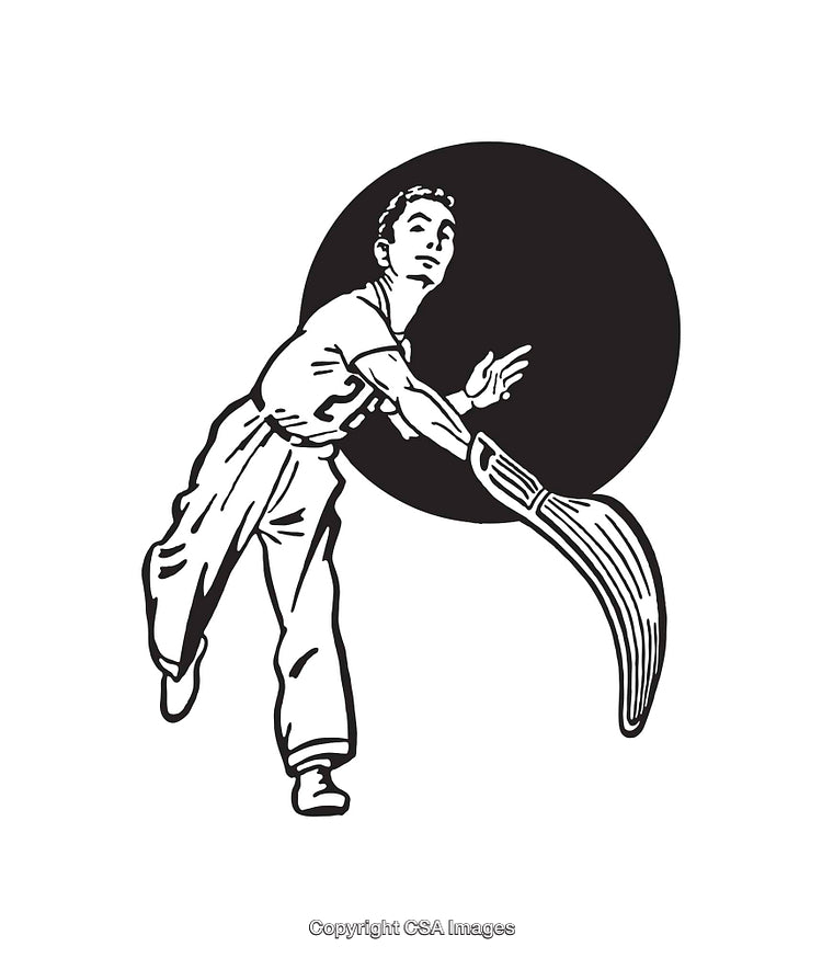 Black and White Line Art of a Person Throwing a Boomerang