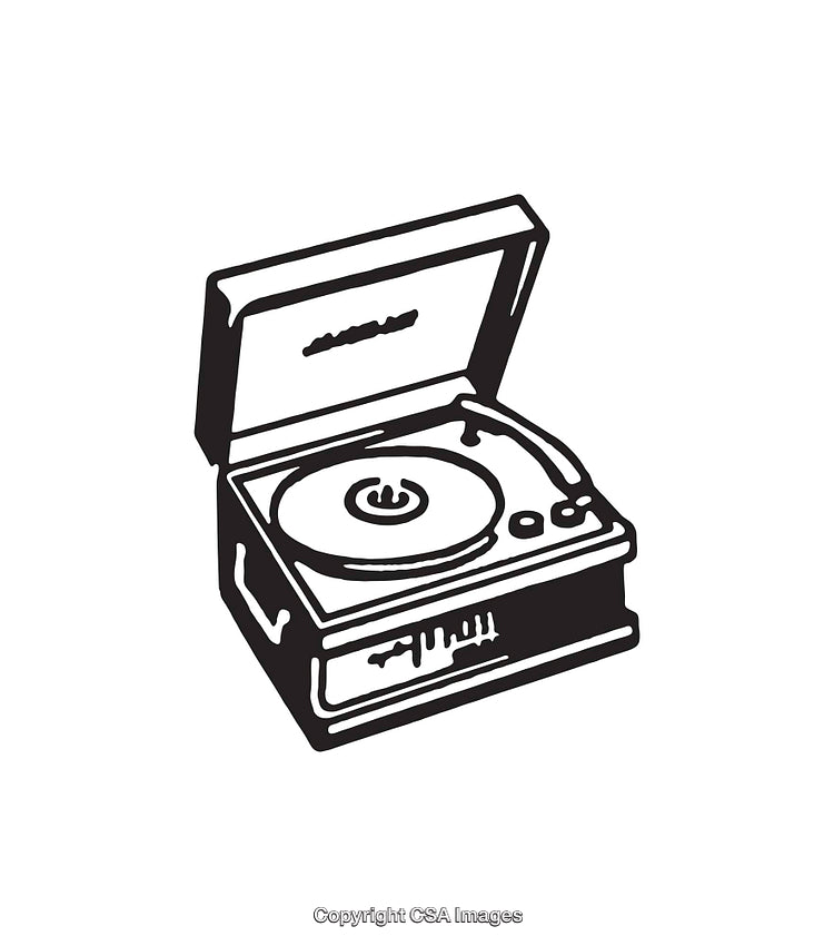 Retro Style Record Player Line Art Illustration in Black and White