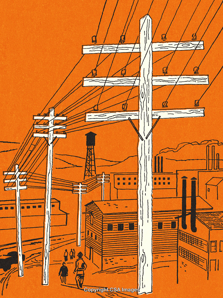Rustic Industrial Townscape Depicting Telephone Poles and Factory Buildings