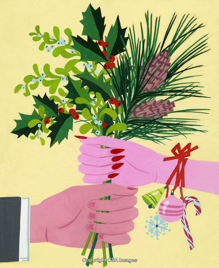 Two Hands Exchanging Festive Bouquet with Holiday Decorations
