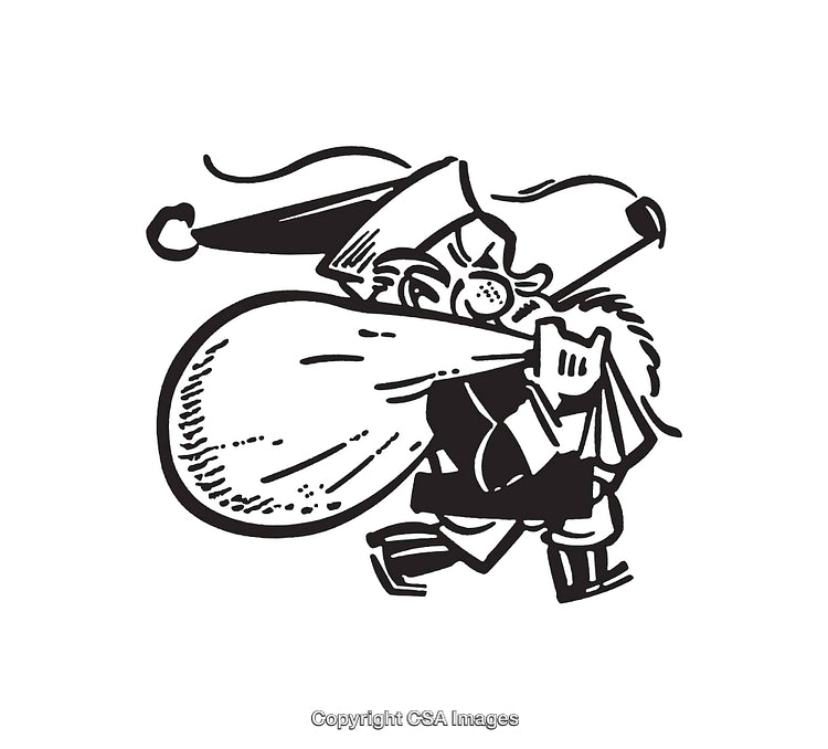 Black-and-White Line Art Christmas Illustration of Santa Carrying a Sack